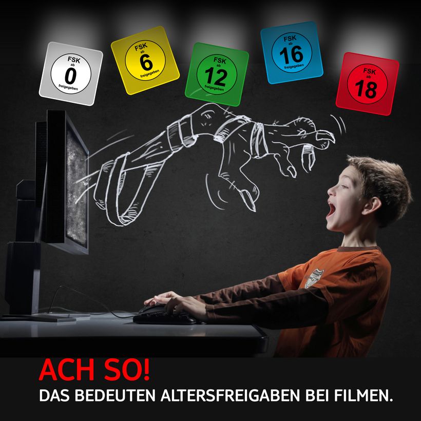 Fotomontage: Ein Junge sitzt vor dem PC und es kommt eine Hand aus dem Monitor, über seinem Kopf schweben Altersfreigaben