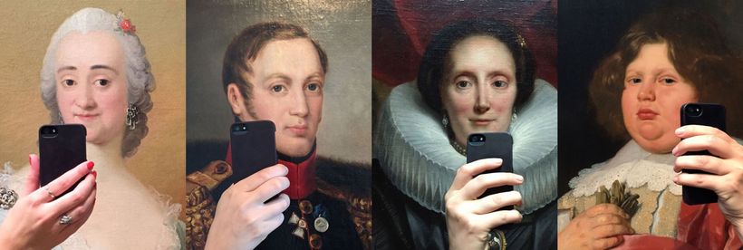 Collage von Gemälden adliger Personen die ein Selfie von sich machen