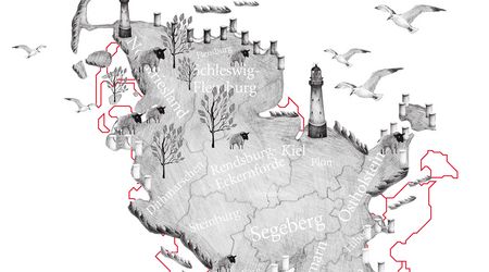 Zeichnung einer Karte von Schleswig-Holstein mit Leuchttürmen und Möwen