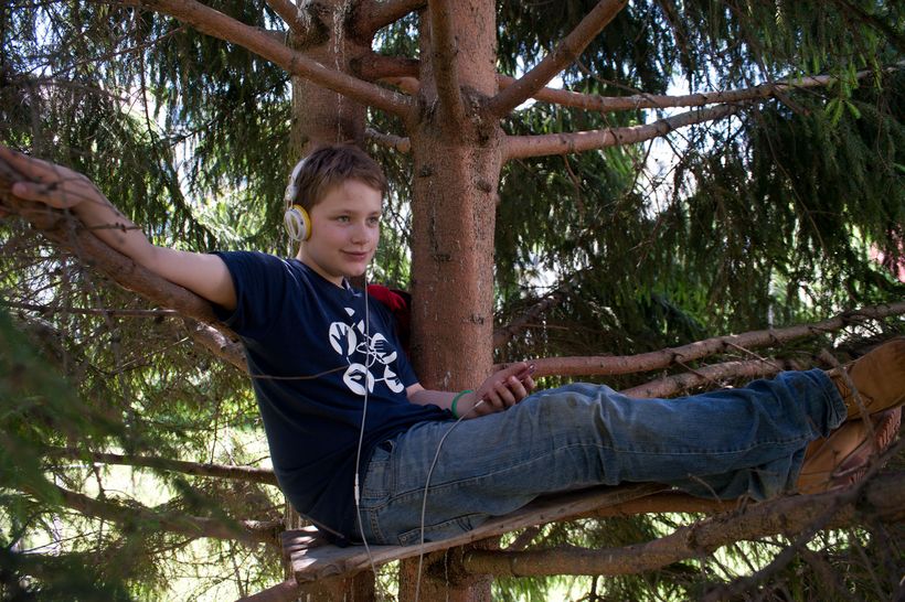 Ein Junge sitzt auf einem Baum und trägt Kopfhörer